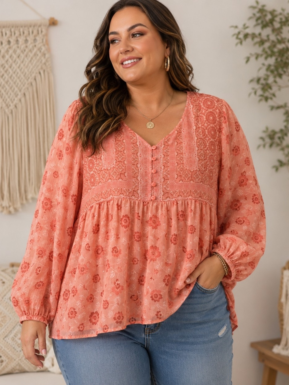 Lucky Brand Coral-Peach Floral Peasant Top